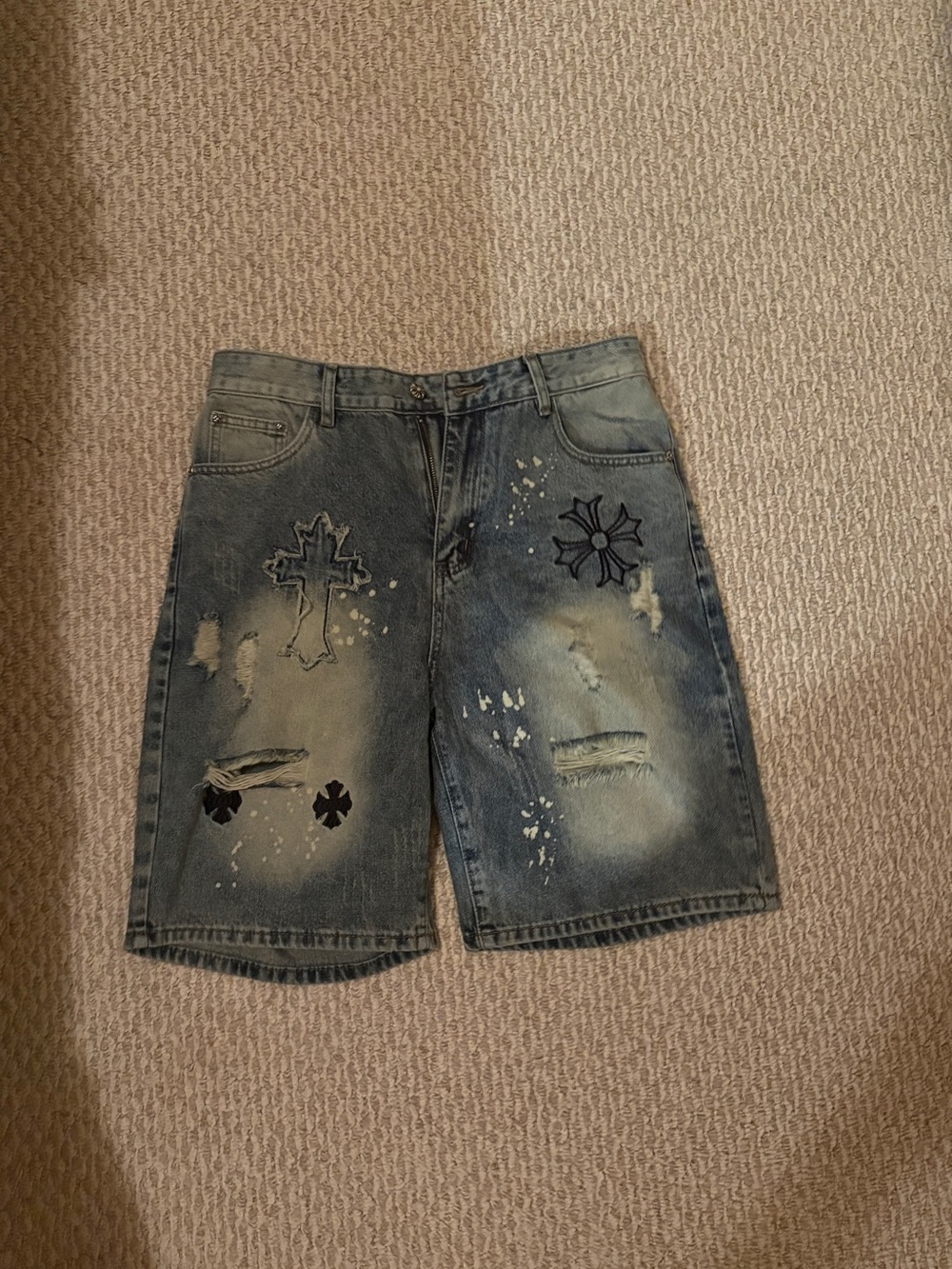 Chrome Hearts Faded Blue Distressed Denim Shorts with Cross Motifs